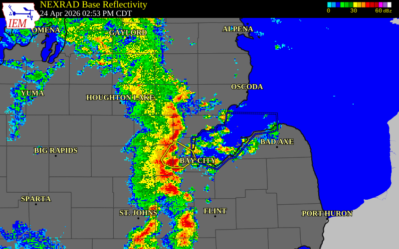 NEXRAD radar during the Friday, April 24, 2026 storm activity in Ogemaw County, Michigan
