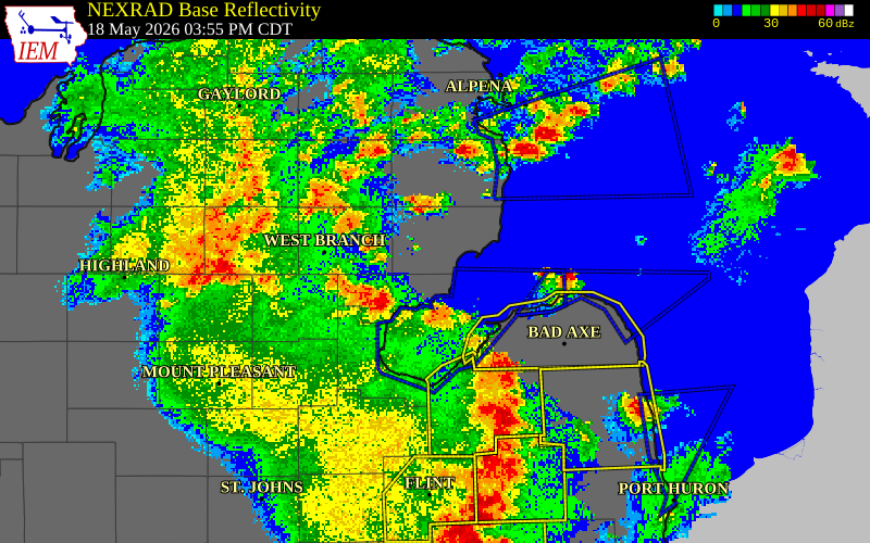 NEXRAD radar during the Monday, May 18, 2026 storm activity in Ogemaw County, Michigan