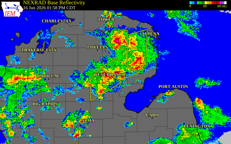 NEXRAD radar during the Tuesday, June 16, 2026 storm activity in Ogemaw County, Michigan
