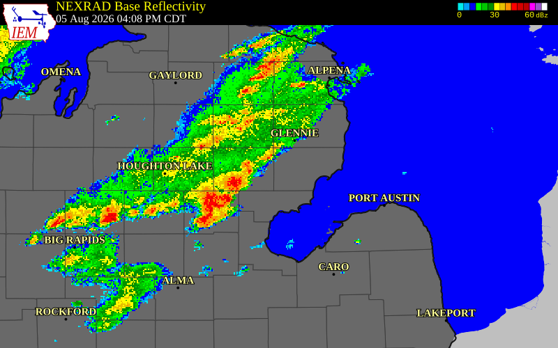 NEXRAD radar during the Wednesday, August 5, 2026 storm activity in Ogemaw County, Michigan