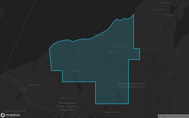 Map of Ontonagon County, Michigan showing the county boundary and surrounding cities
