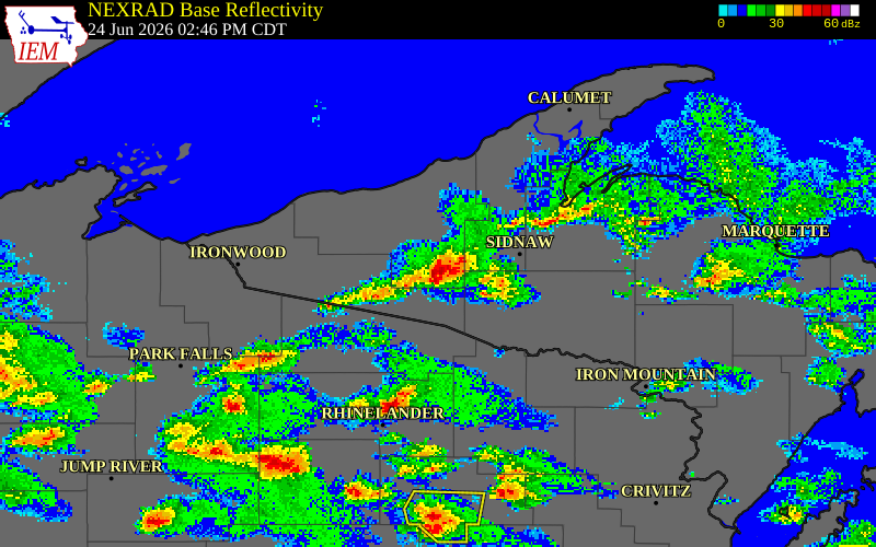NEXRAD radar during the Wednesday, June 24, 2026 storm activity in Ontonagon County, Michigan