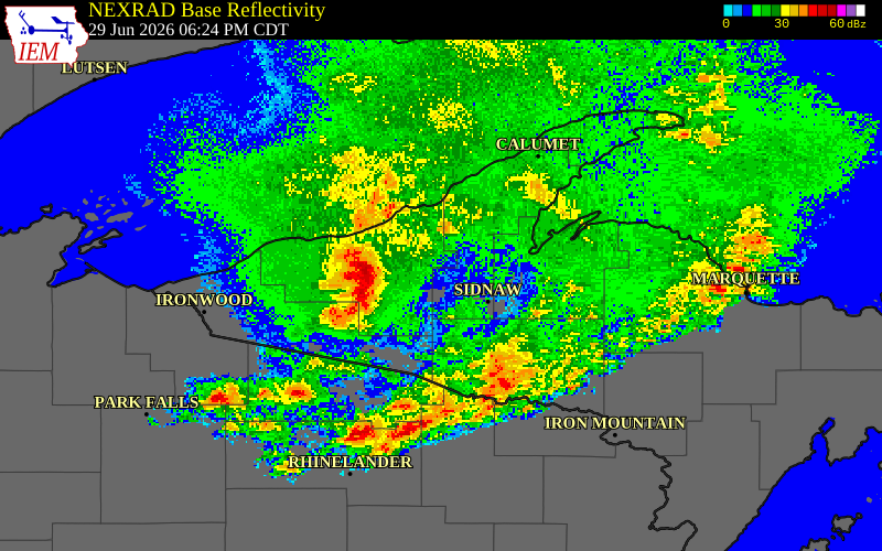 NEXRAD radar during the Monday, June 29, 2026 storm activity in Ontonagon County, Michigan