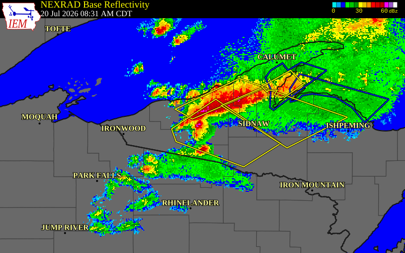 NEXRAD radar during the Monday, July 20, 2026 storm activity in Ontonagon County, Michigan
