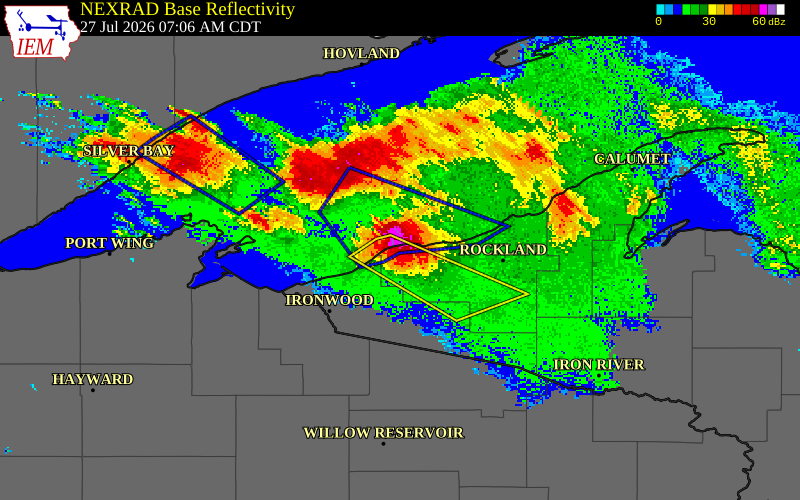 NEXRAD radar during the Monday, July 27, 2026 storm activity in Ontonagon County, Michigan