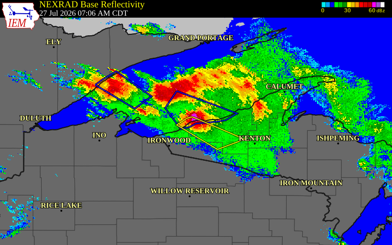 Radar snapshot during the Jul 27, 2026 hail event near Lake of the Clouds, Ontonagon County, Michigan, with NWS warning polygons