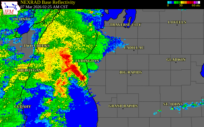 NEXRAD radar during the Saturday, March 7, 2026 storm activity in Osceola County, Michigan
