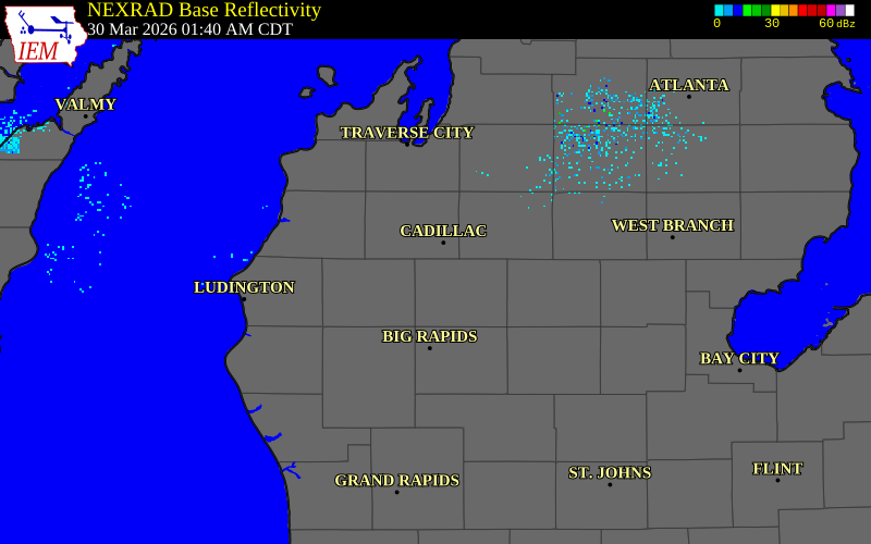 NEXRAD radar during the Monday, March 30, 2026 storm activity in Osceola County, Michigan