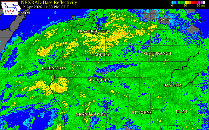 NEXRAD radar during the Monday, April 13, 2026 storm activity in Osceola County, Michigan