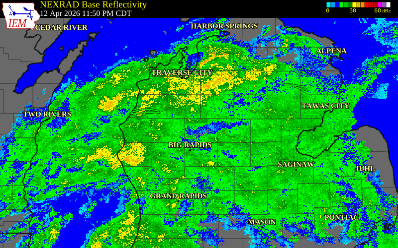 Radar snapshot during the Apr 13, 2026 hail event near 1 W Dighton, Osceola County, Michigan, with NWS warning polygons