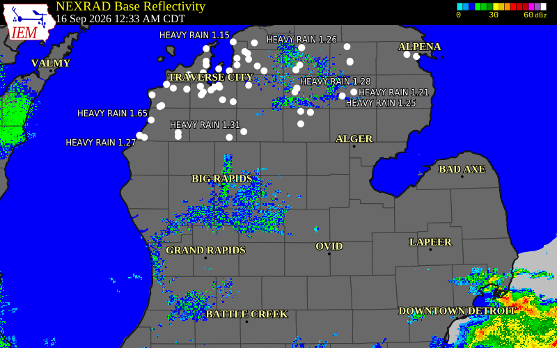 Current NEXRAD radar over Osceola County, Michigan with recent storm report locations