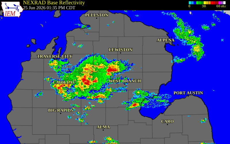 NEXRAD radar during the Thursday, June 25, 2026 storm activity in Oscoda County, Michigan
