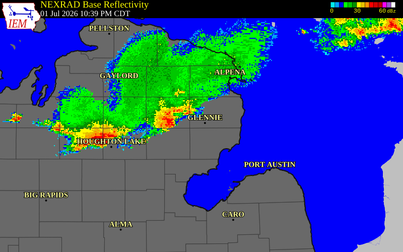 NEXRAD radar during the Wednesday, July 1, 2026 storm activity in Oscoda County, Michigan
