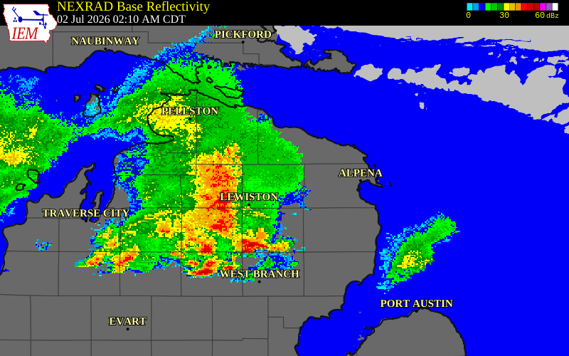 NEXRAD radar during the Thursday, July 2, 2026 storm activity in Oscoda County, Michigan