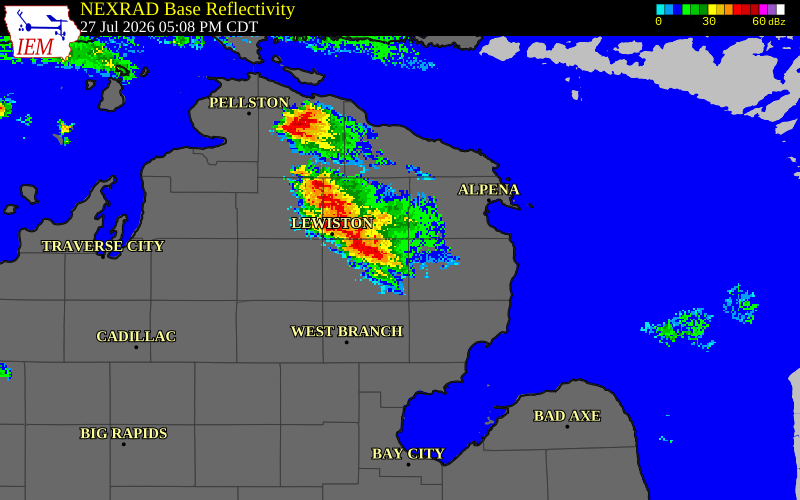 NEXRAD radar during the Monday, July 27, 2026 storm activity in Oscoda County, Michigan