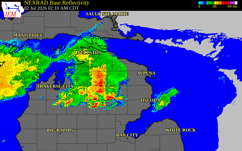 Radar snapshot during the Jul 2, 2026 wind event near Oscoda County, Oscoda County, Michigan, with NWS warning polygons