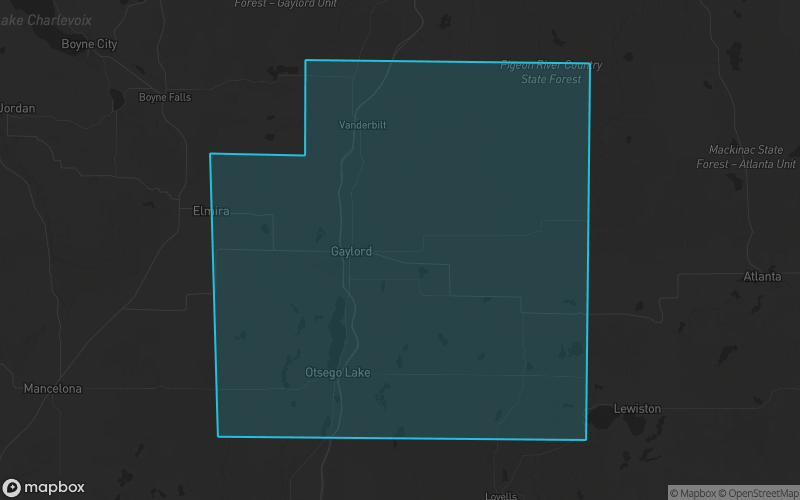 Map of Otsego County, Michigan showing the county boundary and surrounding cities