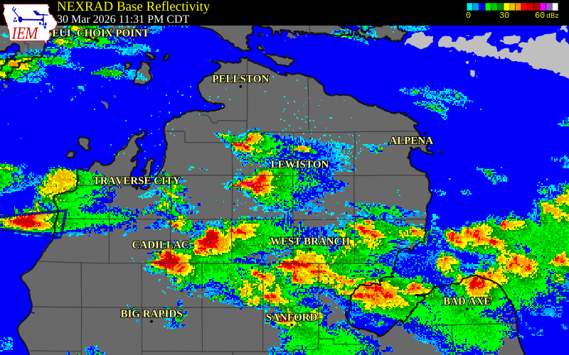 NEXRAD radar during the Tuesday, March 31, 2026 storm activity in Otsego County, Michigan