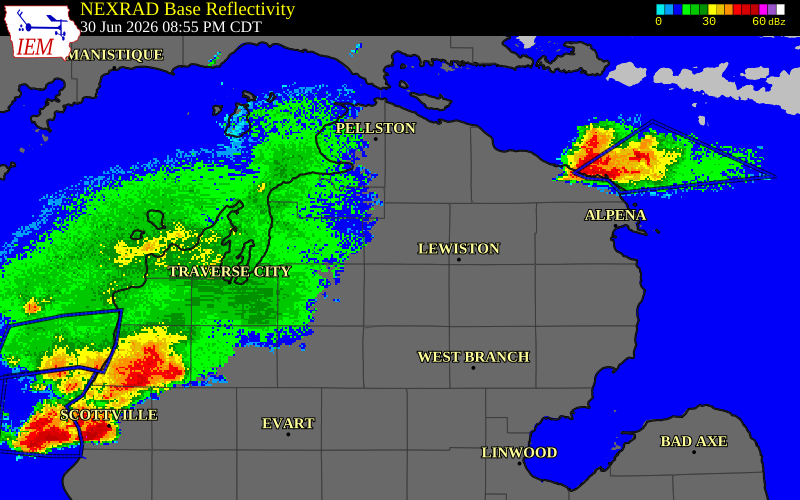 NEXRAD radar during the Tuesday, June 30, 2026 storm activity in Otsego County, Michigan