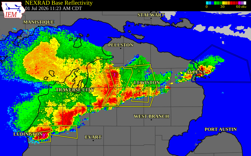 NEXRAD radar during the Wednesday, July 1, 2026 storm activity in Otsego County, Michigan