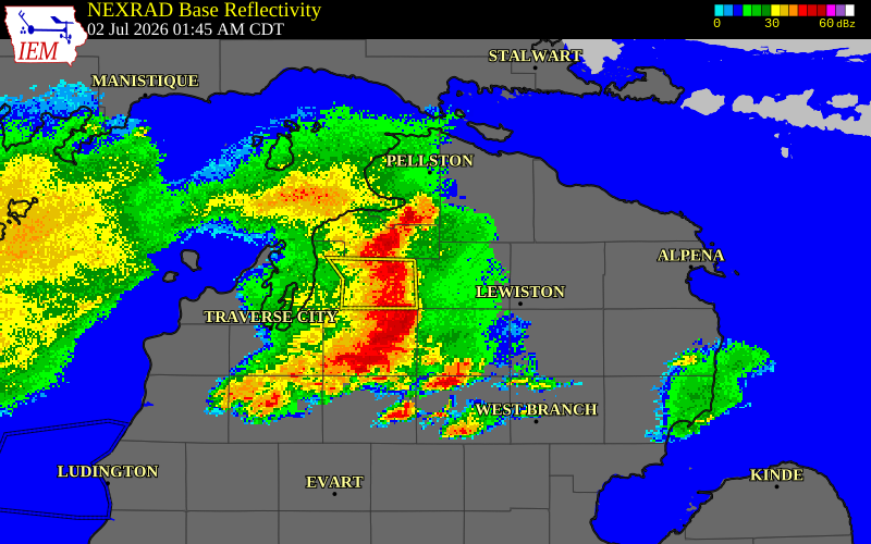 NEXRAD radar during the Thursday, July 2, 2026 storm activity in Otsego County, Michigan