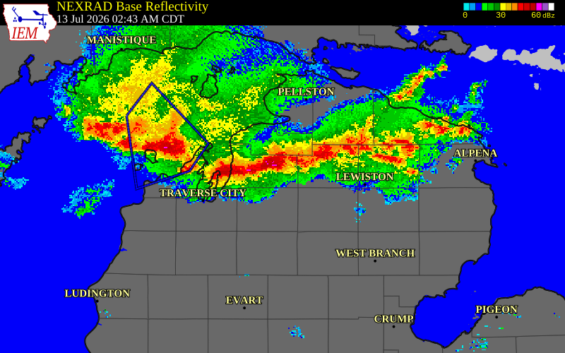 NEXRAD radar during the Monday, July 13, 2026 storm activity in Otsego County, Michigan