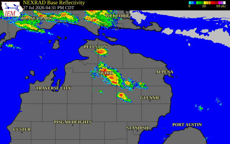 NEXRAD radar during the Monday, July 27, 2026 storm activity in Otsego County, Michigan