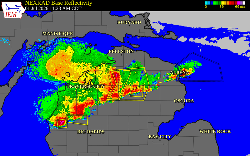 Radar snapshot during the Jul 1, 2026 wind event near 2 WSW Gaylord, Otsego County, Michigan, with NWS warning polygons