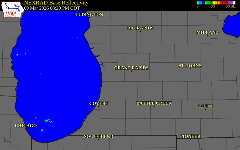 NEXRAD radar during the Monday, March 9, 2026 storm activity in Ottawa County, Michigan