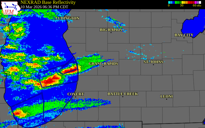 NEXRAD radar during the Tuesday, March 10, 2026 storm activity in Ottawa County, Michigan