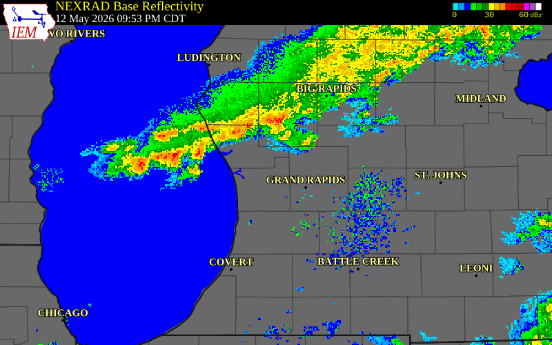 NEXRAD radar during the Tuesday, May 12, 2026 storm activity in Ottawa County, Michigan