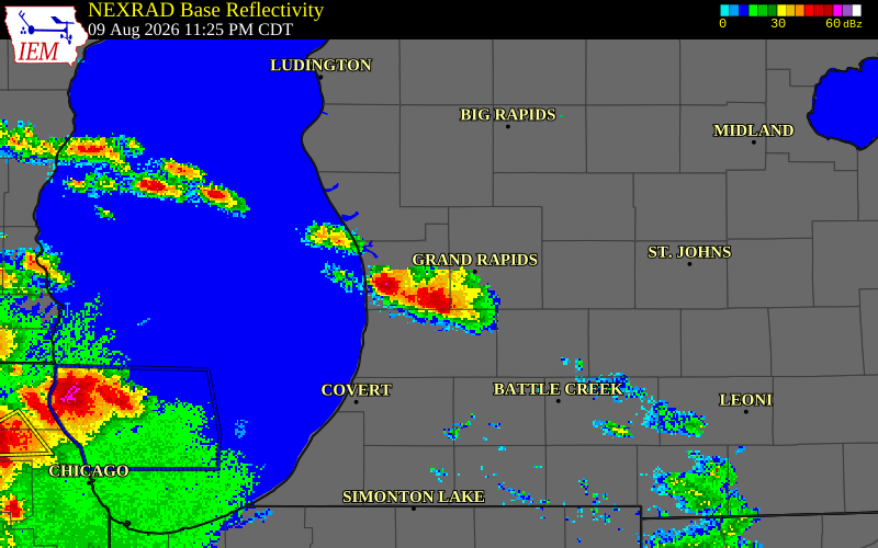 NEXRAD radar during the Monday, August 10, 2026 storm activity in Ottawa County, Michigan