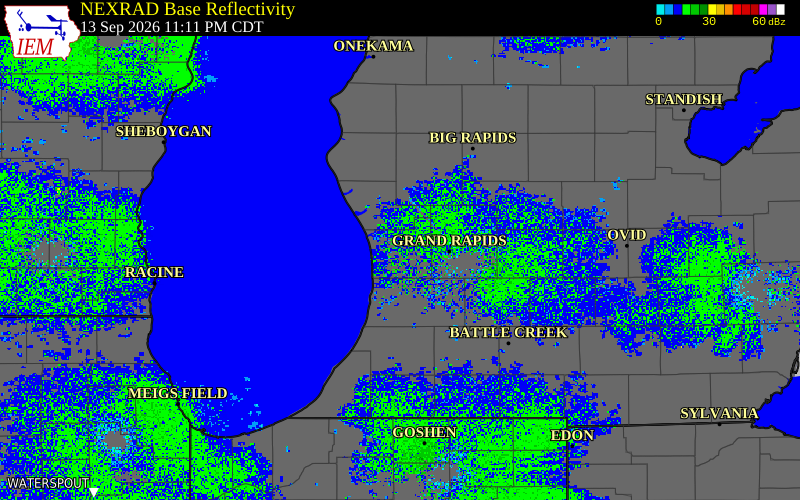 Current NEXRAD radar over Ottawa County, Michigan with recent storm report locations
