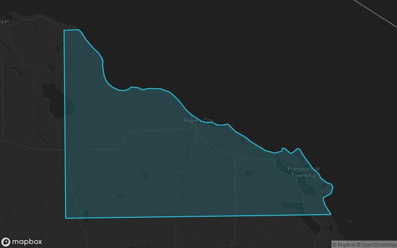 Map of Presque Isle County, Michigan showing the county boundary and surrounding cities