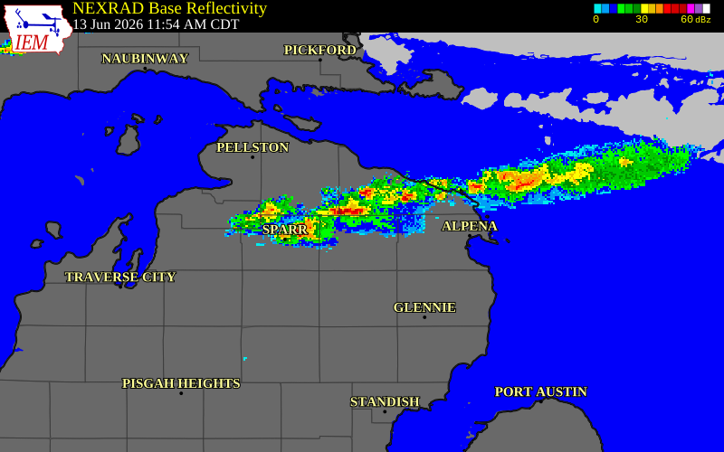 NEXRAD radar during the Saturday, June 13, 2026 storm activity in Presque Isle County, Michigan