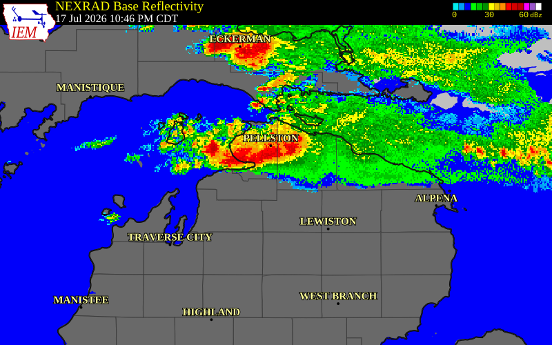 NEXRAD radar during the Friday, July 17, 2026 storm activity in Presque Isle County, Michigan