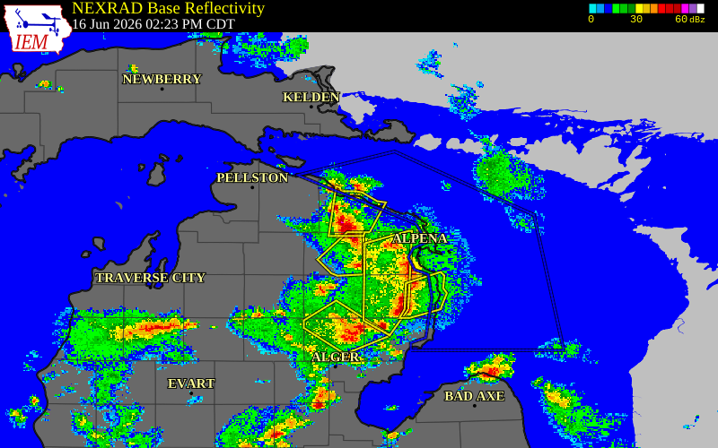 Radar snapshot during the Jun 16, 2026 hail event near 6 SW Hawks, Presque Isle County, Michigan, with NWS warning polygons