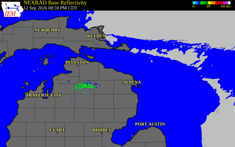Current NEXRAD radar over Presque Isle County, Michigan with recent storm report locations