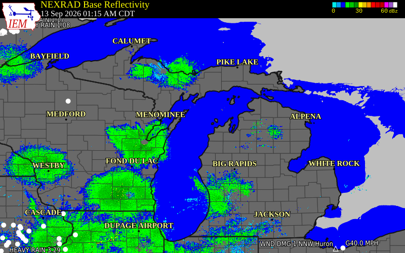 Current NEXRAD radar across Michigan with recent storm report locations