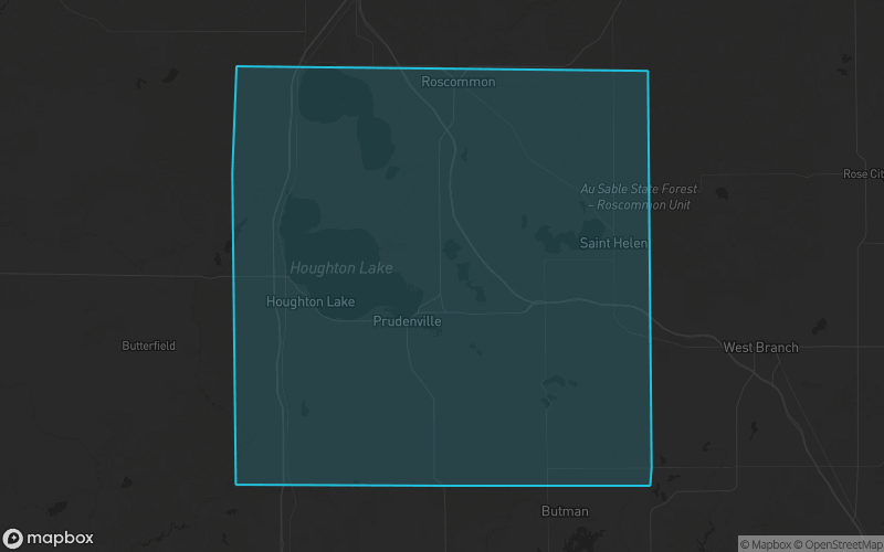 Map of Roscommon County, Michigan showing the county boundary and surrounding cities
