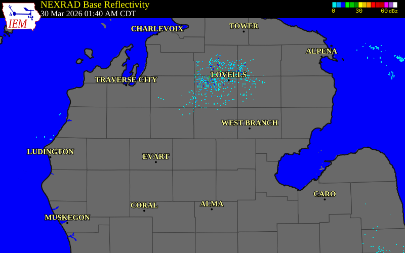 NEXRAD radar during the Monday, March 30, 2026 storm activity in Roscommon County, Michigan