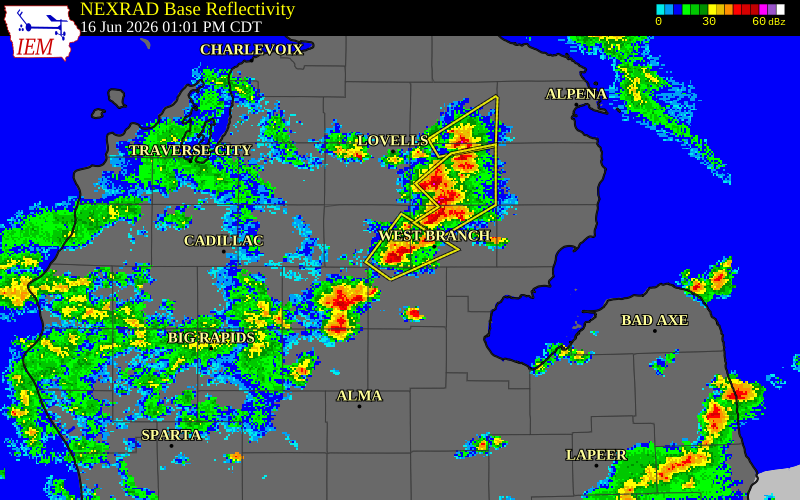 NEXRAD radar during the Tuesday, June 16, 2026 storm activity in Roscommon County, Michigan