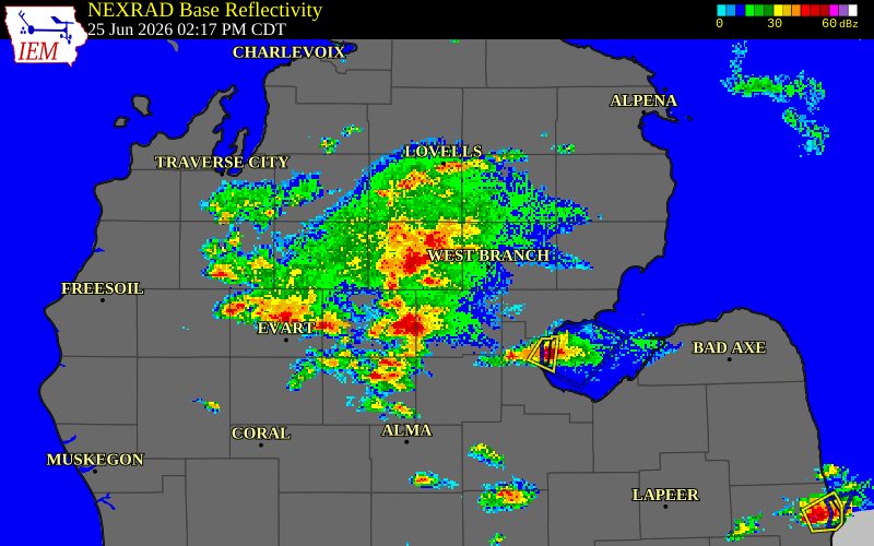 NEXRAD radar during the Thursday, June 25, 2026 storm activity in Roscommon County, Michigan