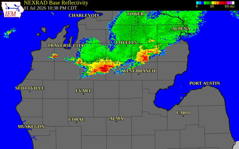 NEXRAD radar during the Wednesday, July 1, 2026 storm activity in Roscommon County, Michigan