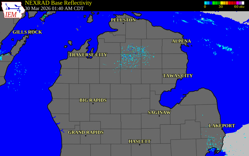 Radar snapshot during the Mar 30, 2026 hail event near Houghton Lake, Roscommon County, Michigan, with NWS warning polygons
