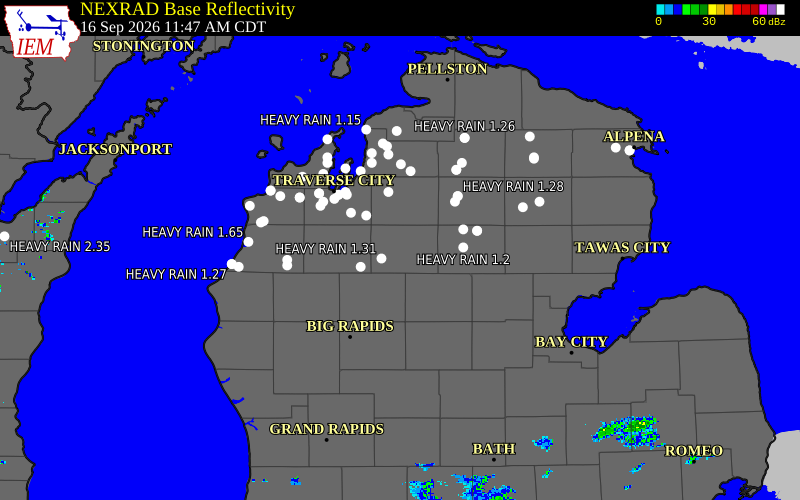 Current NEXRAD radar over Roscommon County, Michigan with recent storm report locations