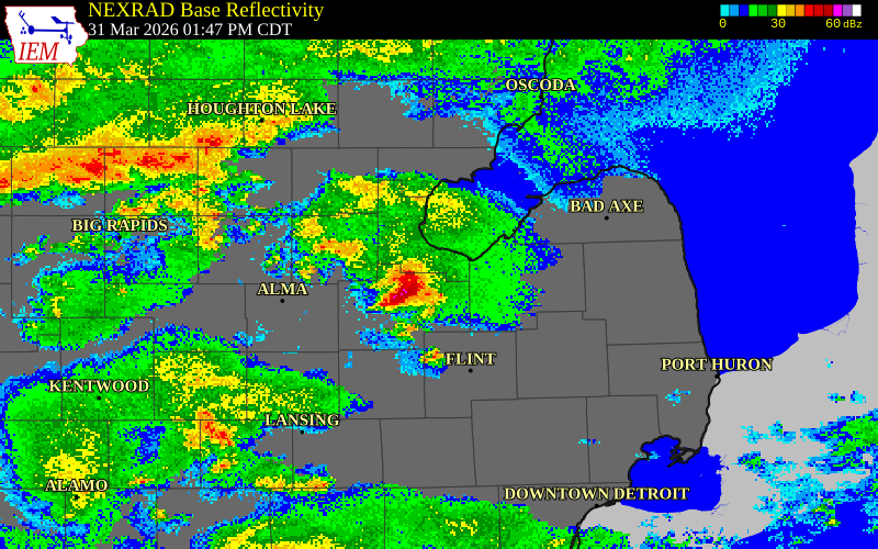 NEXRAD radar during the Tuesday, March 31, 2026 storm activity in Saginaw County, Michigan