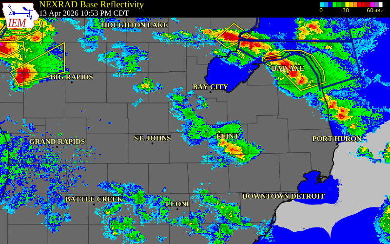NEXRAD radar during the Monday, April 13, 2026 storm activity in Saginaw County, Michigan