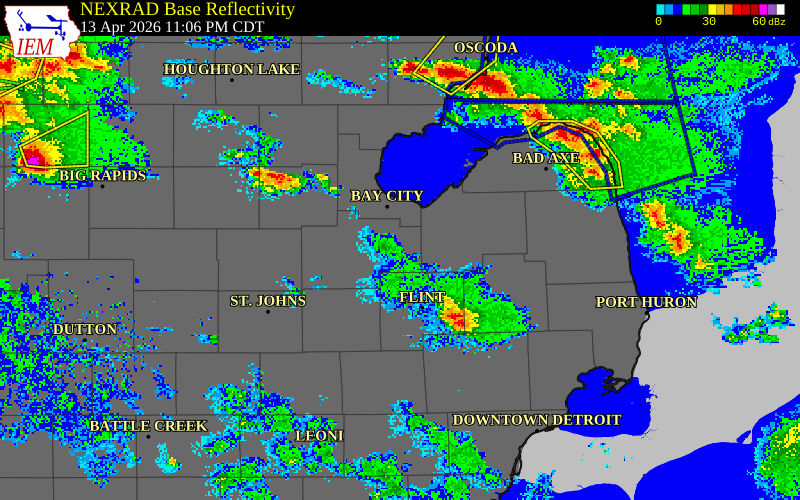 NEXRAD radar during the Tuesday, April 14, 2026 storm activity in Saginaw County, Michigan