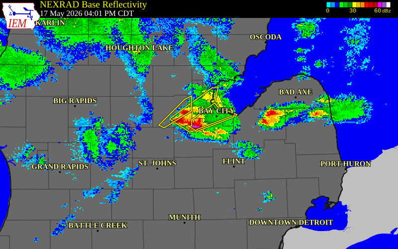 NEXRAD radar during the Sunday, May 17, 2026 storm activity in Saginaw County, Michigan